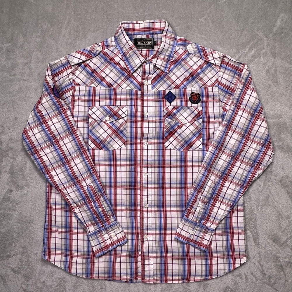 RED SNAP XL Plaid Button Up Shirt – Red Blue White Casual Streetwear